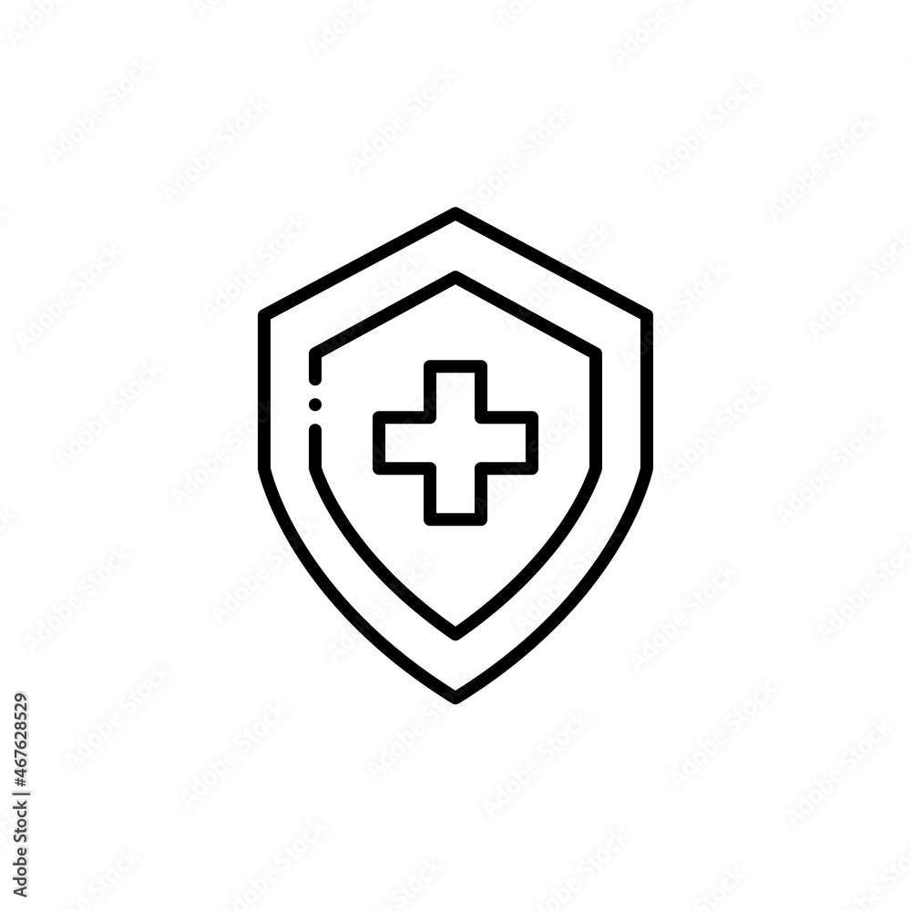 Medical insurance and health protection icon. Cross on a shield. Pixel perfect, editable stroke. Medical insurance and health protection icon. Cross on a shield. Pixel perfect, editable stroke.