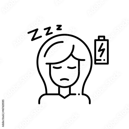 Girl with fatigue symptoms. Low energy and sleepiness. Pixel perfect, editable stroke medical icon