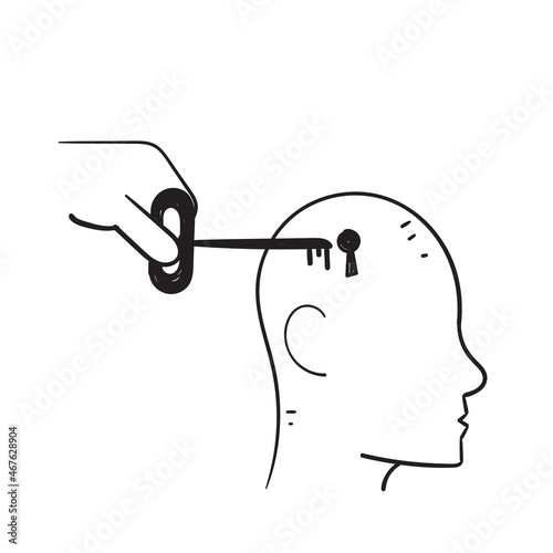 hand drawn doodle Human head with a keyhole and key symbol for open mind concept vector