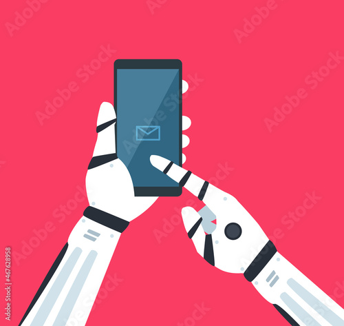 robotic hand using smartphone tap the screen vecor illustration