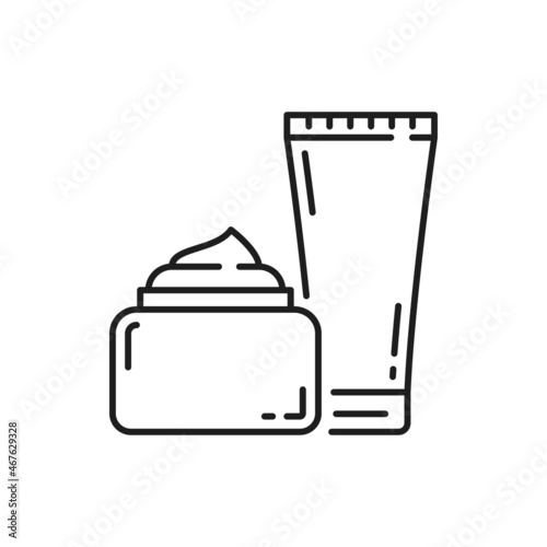 Beauty cosmetics cream bottles, spa skin care products isolated thin line icons. Vector lotion in tube and moisturizer cleanser, essence shower gel, spy hygiene products in packages mockups