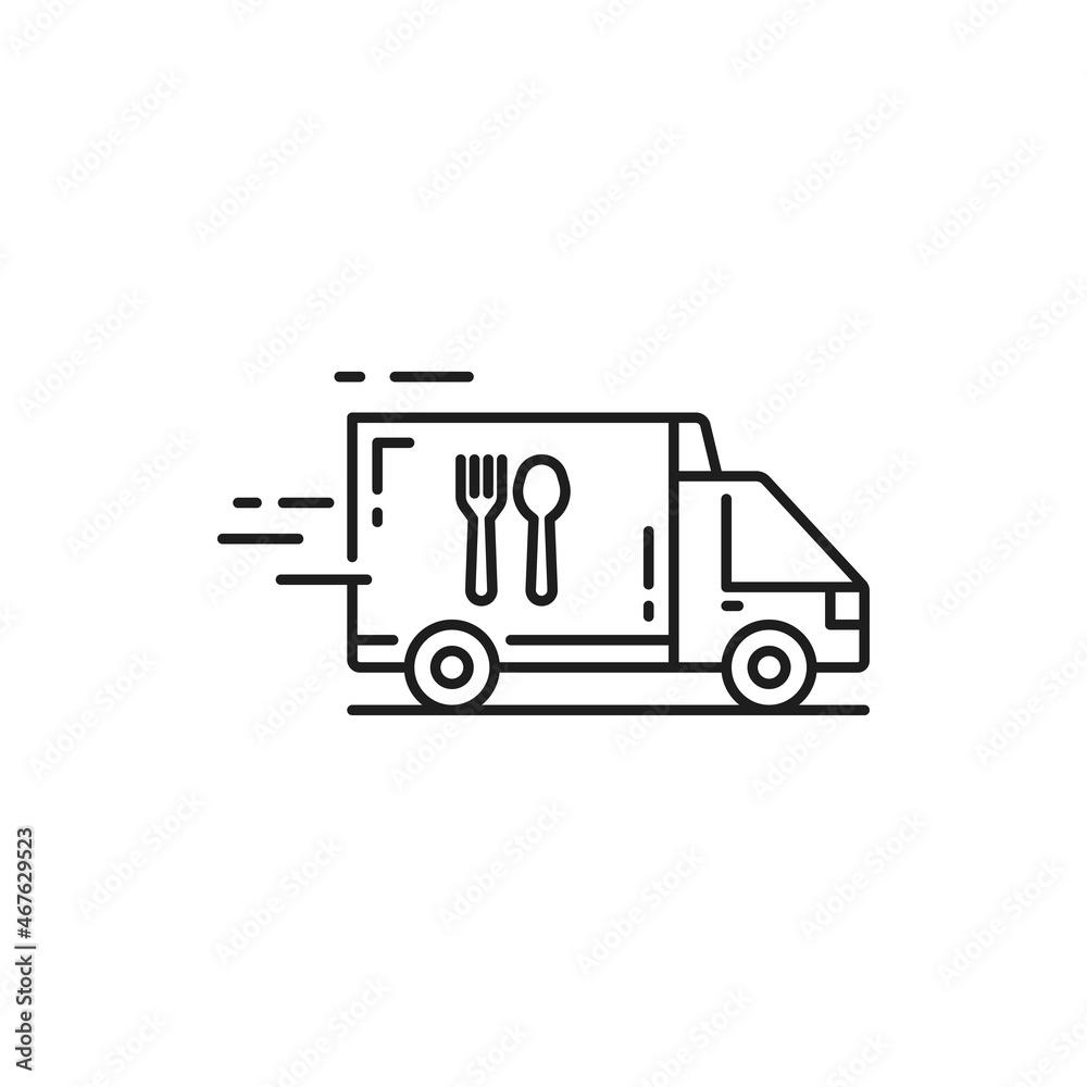 Food delivery truck van isolated flat line art icon. Vector quick express deliver transport, fastfood shipping services and fast online order, linear sign. Hot dinners and lunches shipping services Food delivery truck van isolated flat line art icon. Vector quick express deliver transport, fastfood shipping services and fast online order, linear sign. Hot dinners and lunches shipping services