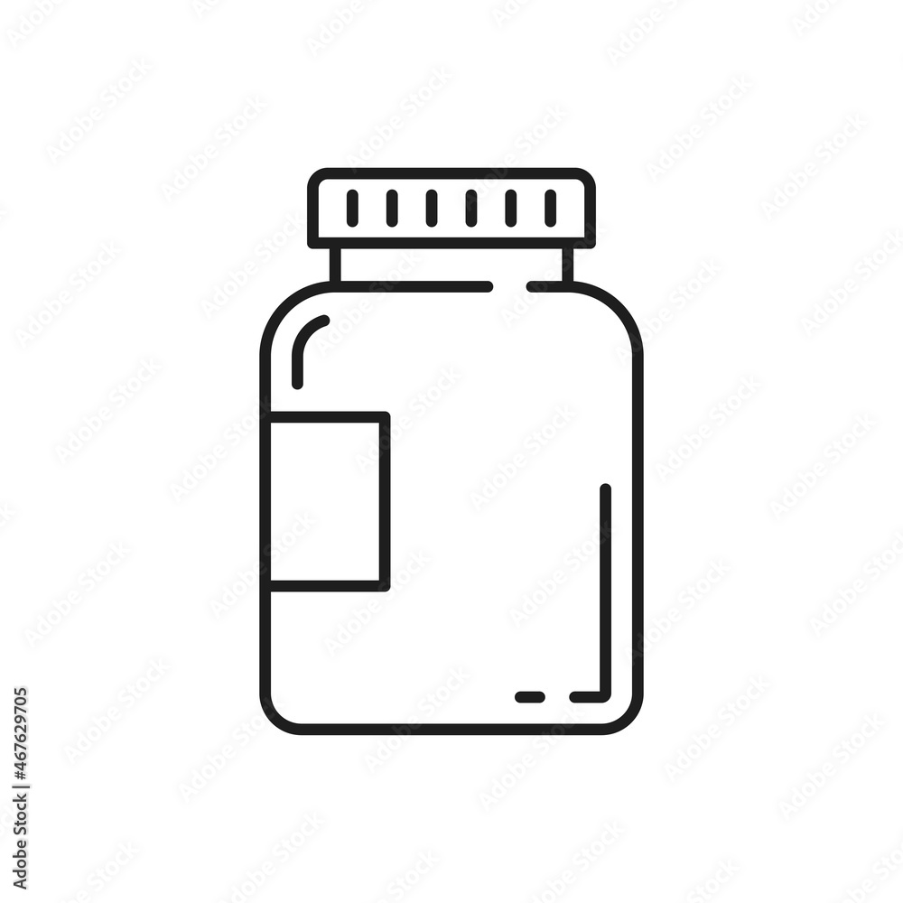 Plastic bottle with probiotics bacteria isolated thin line icon. Vector supplement ad, gut bacteria maintaining healthy balance, immune and digestive health prebiotics in packaging without label Plastic bottle with probiotics bacteria isolated thin line icon. Vector supplement ad, gut bacteria maintaining healthy balance, immune and digestive health prebiotics in packaging without label