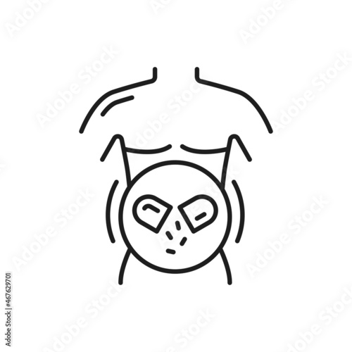 Man body with good digestion due to probiotics bacteria isolated outline icon. Vector laxative system with lactobacillus and prebiotic pills in capsule. Gastro medical drugs packaging, healthcare