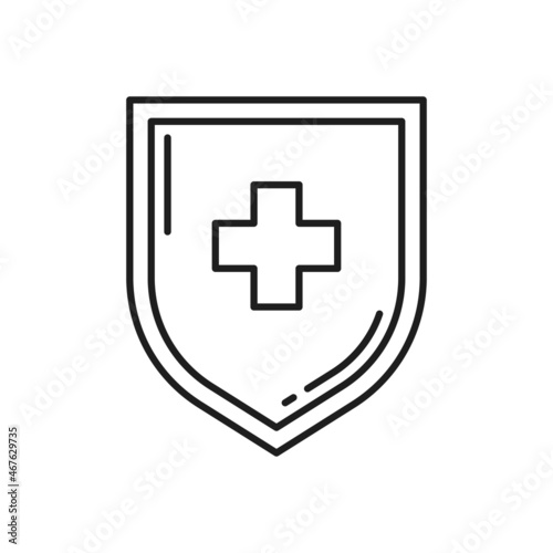 Shield with medical cross isolated thin line icon. Vector health protection, healthcare security, safety system, insurance. Virus, probiotic, lactobacillus and prebiotic bacteria guard badge