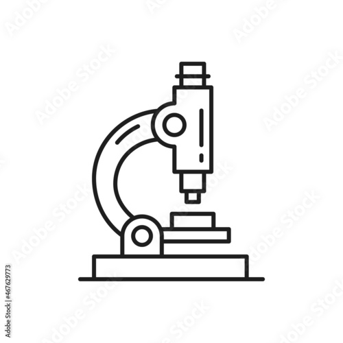 Microscope isolated research equipment thin line icon. Vector optical microscope magnification lab search tool. Biotechnology and microbiology, optic medical science instrument to investigate bacteria