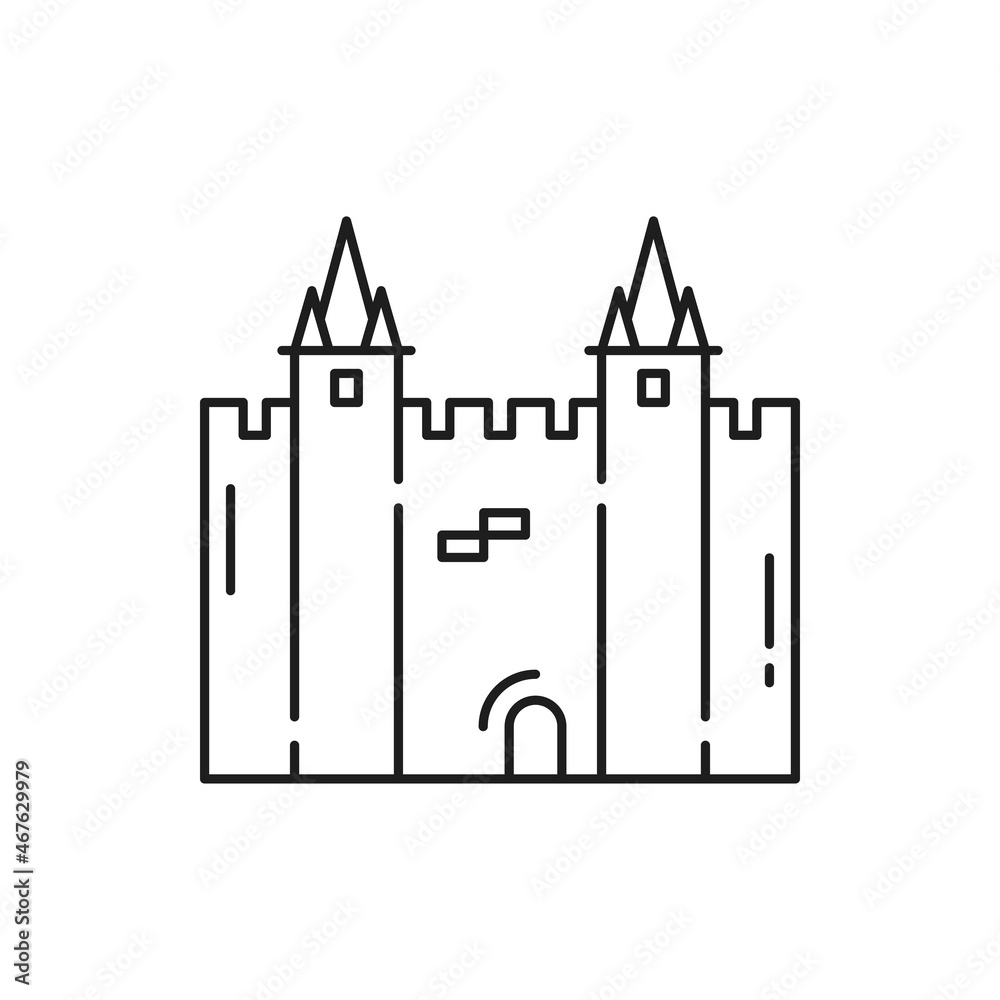 Portugal lisbon castle isolated thin line icon. Vector traditional Portuguese landmark, brick tower cathedral, old city symbol. Medieval Europe architecture, famous tourist place outline fortress