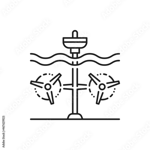 Wave station alternative energy source isolated thin line icon. Vector hydro energy generation, tidal power plant with turbines. Green energy wave electricity generator, clean environment outline