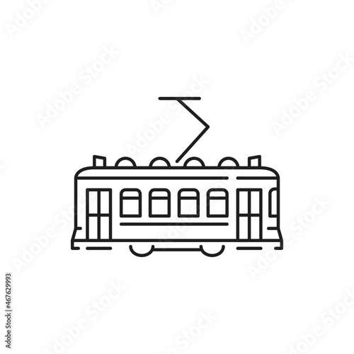 Tram isolated Lisbon city trolley public transport thin line icon. Vector retro Portugal Turkey train, passengers, people transportation service. Urban trolleybus design element. Tramway rapid trolley