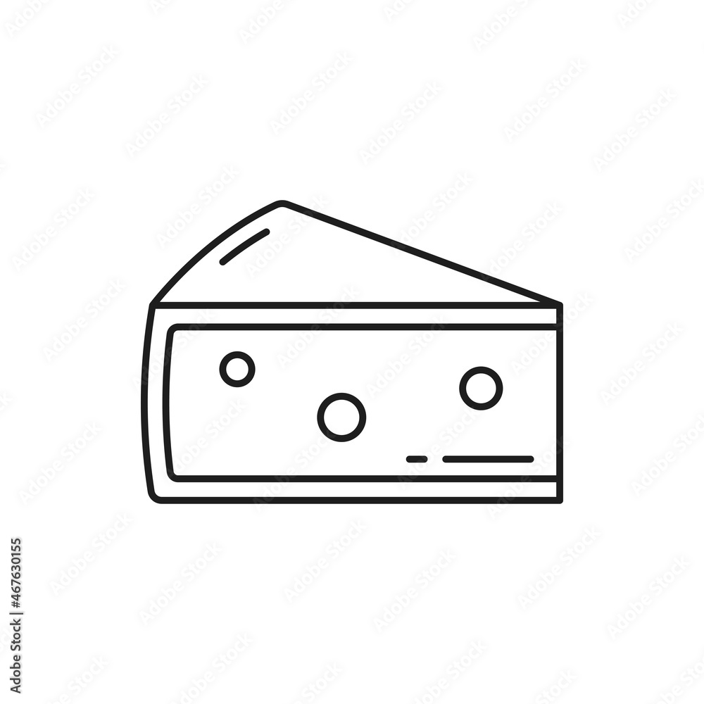 Triangle of Swiss cheese isolated dairy food thin line icon. Vector Switzerland national snack. Traditional italian or french, holland appetizer dietary food product. Gourmet cheese with holes Triangle of Swiss cheese isolated dairy food thin line icon. Vector Switzerland national snack. Traditional italian or french, holland appetizer dietary food product. Gourmet cheese with holes