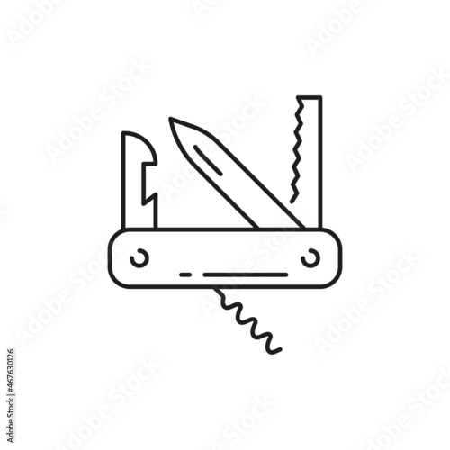 Swiss folding knife isolated thin line icon. Vector army knife, multifunctional pocket instrument, camping and hiking equipment with screw and opener, compact expedition knife. Penknife multi-tool