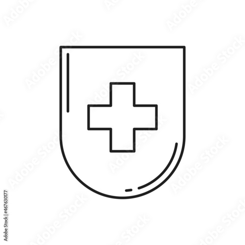 Swiss quality shield isolated thin line icon. Vector Switzerland flag emblem, national symbol, protection and security sign. Healthcare medicine cross, medical help and assistance badge, official flag