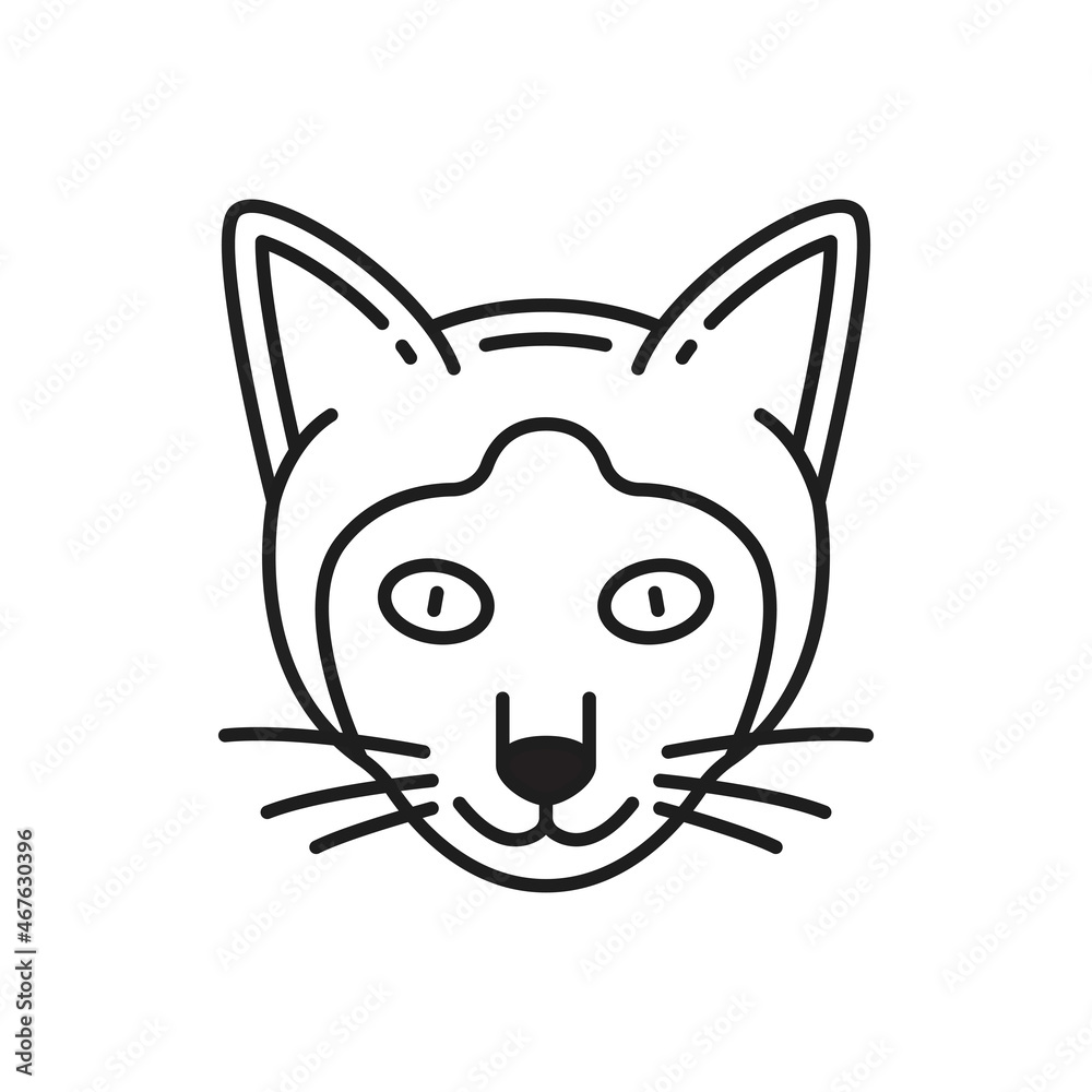 Siamese cat animal cute face isolated thin line icon. Vector funny happy cat head portrait, fur face portrait of thai kitten with mustaches and ears, outline Thailand feline domestic animal head Siamese cat animal cute face isolated thin line icon. Vector funny happy cat head portrait, fur face portrait of thai kitten with mustaches and ears, outline Thailand feline domestic animal head