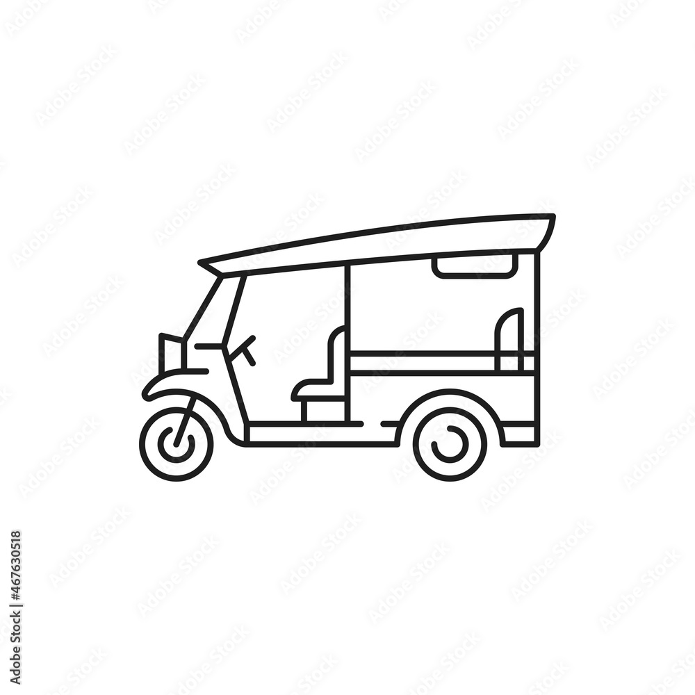 Thai traditional tuk tuk car isolated thin line icon. Vector popular transportation vehicle in Phuket and Bangkok, Thailand. automobile or bike with three wheels, famous retro tricycle, beach car