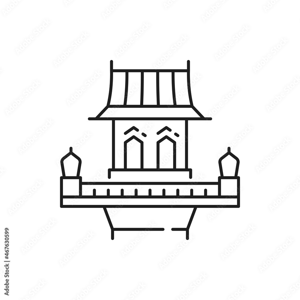 Fototapeta premium Retro Thailand building isolated old street house with balcony, thin line icon. Vector oriental landmark, asian structure, Thai, Vietnam or China architecture. Asian facade exterior of pavilion pagoda