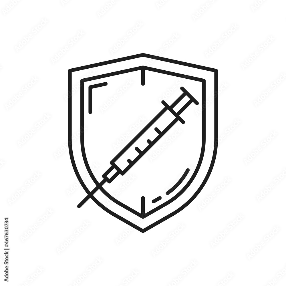 Vaccination and immunization campaign isolated health shield with syringe thin line icon. Vector vaccination against COVID-19, health and safety concept. Shot with vaccine, virus protective shield Vaccination and immunization campaign isolated health shield with syringe thin line icon. Vector vaccination against COVID-19, health and safety concept. Shot with vaccine, virus protective shield