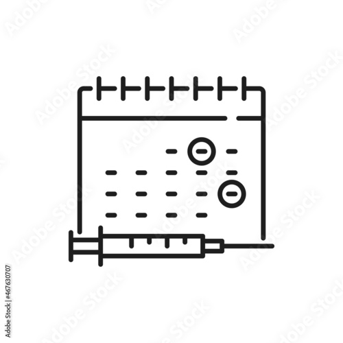 Coronavirus vaccination schedule, calendar with two marked dates isolated thin line icon. Vector time to vaccinate, syringe injection, immunization. Health care protection, medical treatment, pandemia