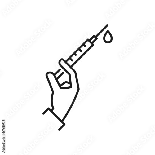Syringe inject in hand isolated thin line icon. Vector intramuscular antiviral injection, coronavirus prevention, medical treatment and healthcare. Mesotherapy, needle with drop, vaccine vaccination