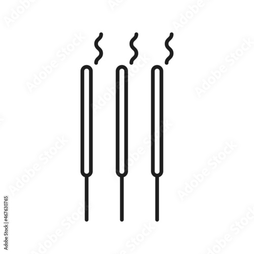 Burning incense stick isolated chinese symbol thin line icon. Vector three creative aroma burning sticks with smoke,Chinese New Year graphic element. Buddhist indian incense sticks for meditation
