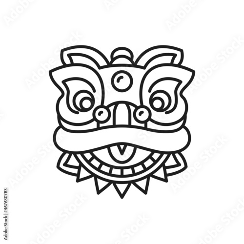 Chinese lion dancer head isolated thin line icon. Vector foo dog portrait, ancient traditional monster from China, face mask to dance on Chinese New Year lunar holiday. Tattoo design element