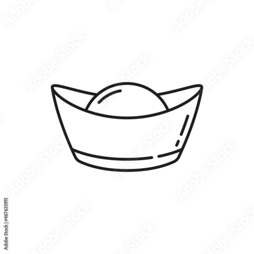 Ingot Chinese New year decoration isolated thin line icon. Vector Sycee Chinese gold ingot Yuan Bao symbol of wealth, abundance and monetary luck in Feng Shui, gold sycee. Yuanbao, China treasure