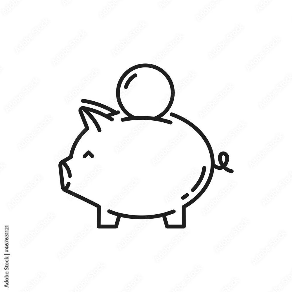 Pig bank with coin isolated thin line icon. Vector save money concept, piggy animal moneybox pictogram. Financial economy and deposit, bonus revenue symbol. Poverty and debt, save money concept Pig bank with coin isolated thin line icon. Vector save money concept, piggy animal moneybox pictogram. Financial economy and deposit, bonus revenue symbol. Poverty and debt, save money concept