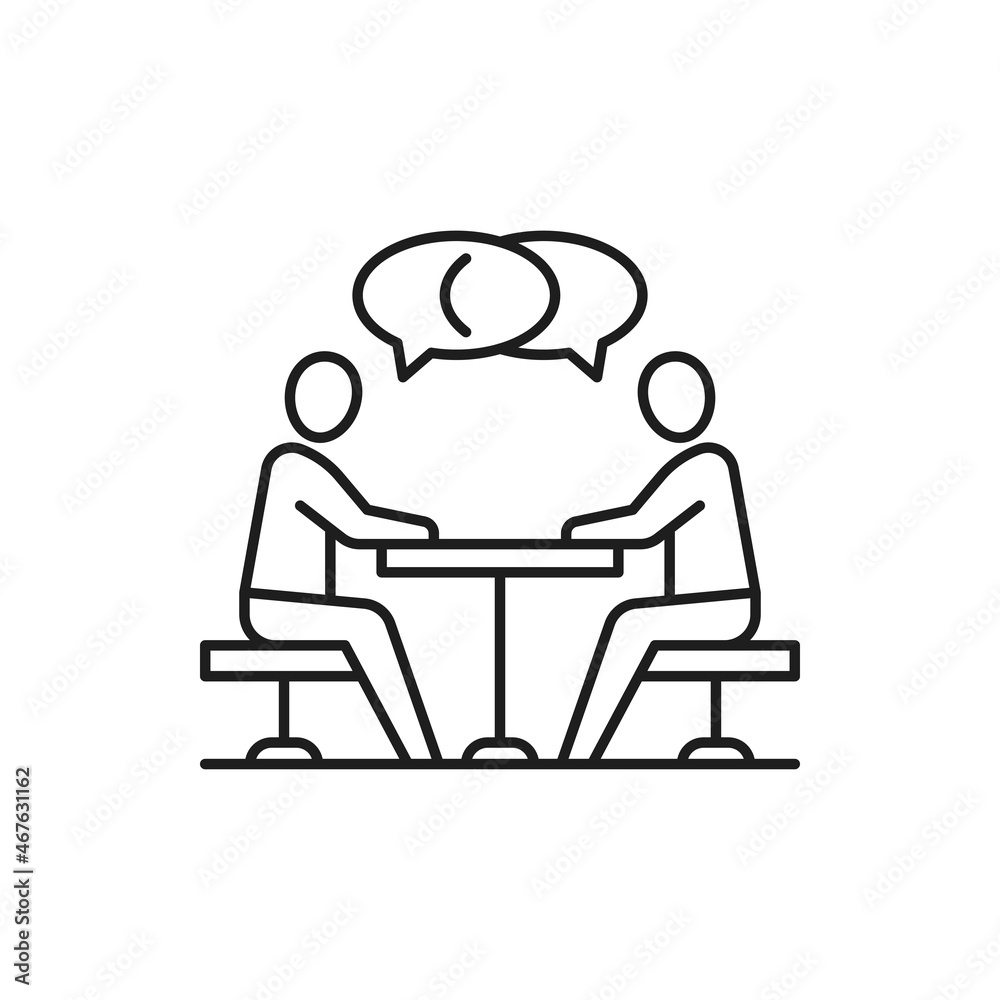 Team business meeting, people sitting at table and communicate isolated thin line icon. Vector busy people talking, time management and collaboration, two person at desk leading dialogue together Team business meeting, people sitting at table and communicate isolated thin line icon. Vector busy people talking, time management and collaboration, two person at desk leading dialogue together