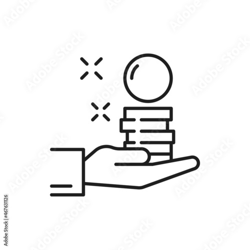 Hand with coins, salary and savings, charity or loan isolated thin line icon. Vector bribe, man making payment, investment and wealth, financial economy, bank loan, pay on market, currency exchange