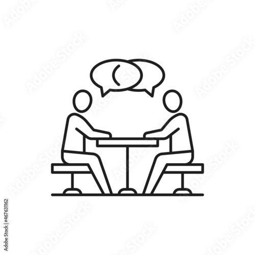 Team business meeting, people sitting at table and communicate isolated thin line icon. Vector busy people talking, time management and collaboration, two person at desk leading dialogue together © Vector Tradition