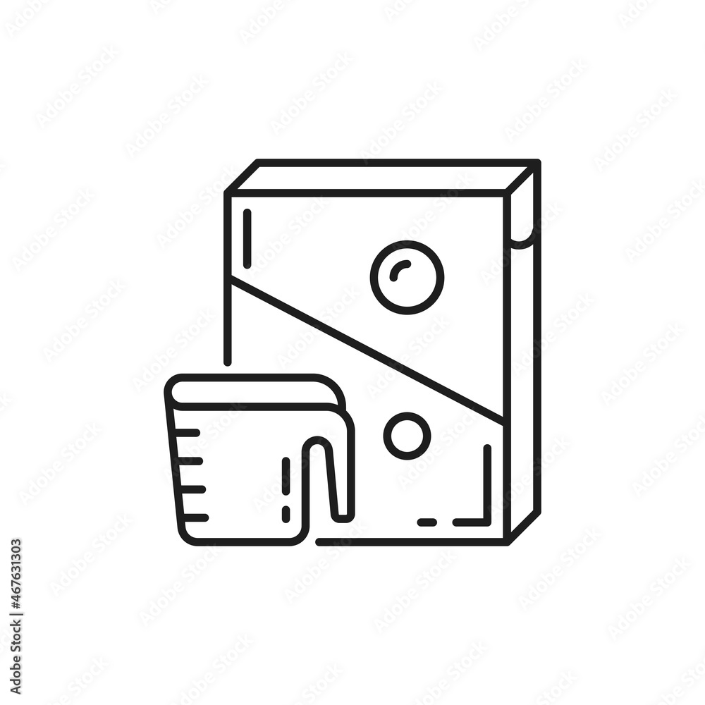 Washing powder, paper box package and measuring cup isolated thin line icon. Vector laundry powder, supplement pack and transparent container with measure scale. Detergent in measuring spoon Washing powder, paper box package and measuring cup isolated thin line icon. Vector laundry powder, supplement pack and transparent container with measure scale. Detergent in measuring spoon