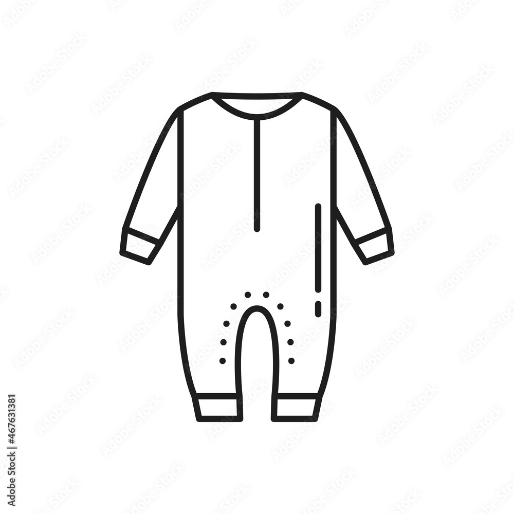 Clean baby fastened detached romper with sleeves and long legs trousers isolated thin line icon. Vector washed cotton bodysuit, child one-piece outer garment. Nursery suit, newborn cloth accessory Clean baby fastened detached romper with sleeves and long legs trousers isolated thin line icon. Vector washed cotton bodysuit, child one-piece outer garment. Nursery suit, newborn cloth accessory