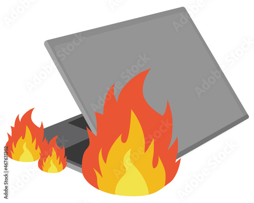 中古バッテリー製品の発火　ノートパソコンのイラスト素材　ベクター