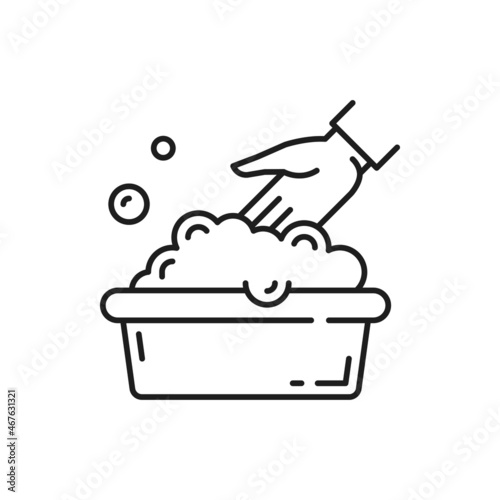 Hand wash sign isolated thin line icon. Vector not machine washable symbol, washing at 30 degrees symbol. Laundry wash house and water drop sign. Washbowl with foam bubbles, information emblem