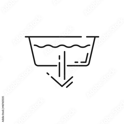 Drain, adding water or detergent isolated line art icon machine laundry wash. Vector extra rinse sign on domestic electric appliance machine program, washbowl and arrow down, add extra washing powder