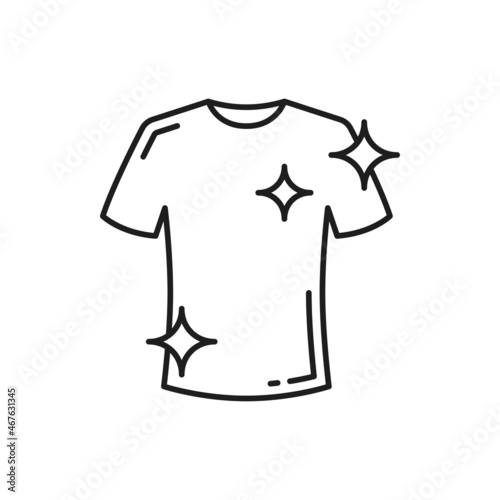 Brilliant clean white washed tshirt, whiteness and deep clean isolated thin line icon. Vector bleach spots remover, sparkling t-shirt and sparkles of cleanup elements. Laundry and laundromat sign