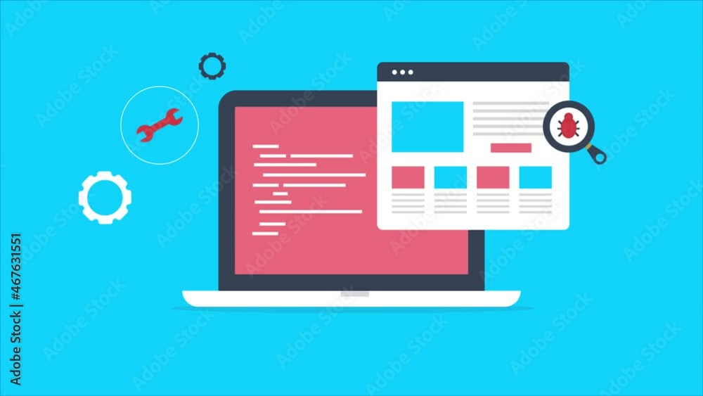 Debugging development programming process, information technology software code management, website application bug fixing concept, web protection, testing quality, 2d animation 4k video clip.
