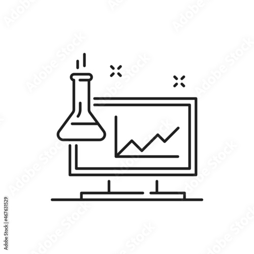 Laboratory equipment computer screen with charts and glassware, biochemistry chemistry, pharmacy and genetics beaker for experiments isolated thin line icon. Vector scientific biotechnology research