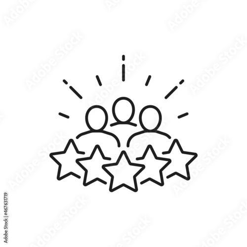 Five star rate, business people communicating and brainstorming isolated thin line icon. Vector best service, clients satisfaction, best choice, feedback. Customers meeting, recruitment, 5 star award