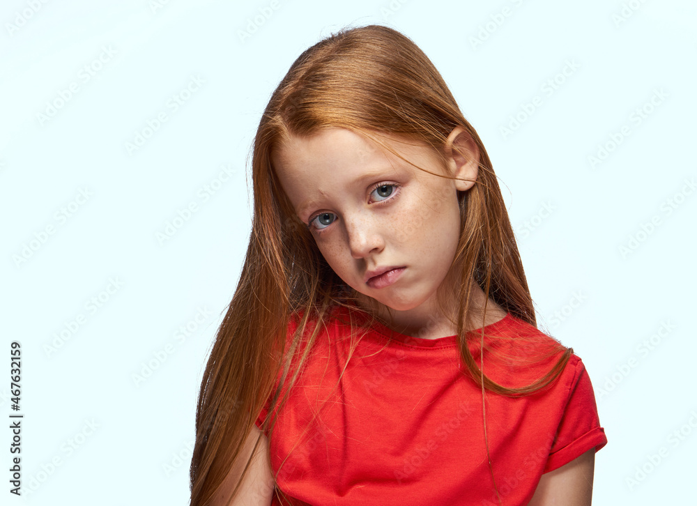 girl with red hair posing red t-shirt childhood girl with red hair posing red t-shirt childhood
