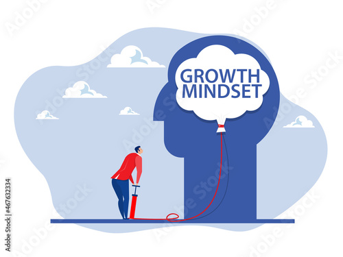 A businessman is pumping balloon brain sign on big head human vector Vector illustration flat design