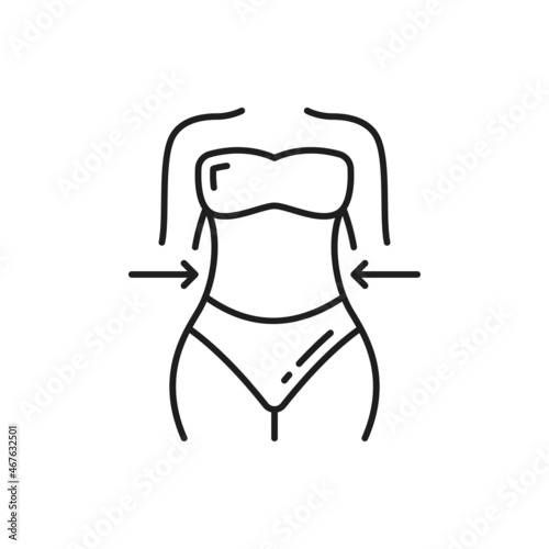 Woman in bikini slimming isolated outline icon. Vector fitness, hydration and lifting, spa salon procedures. Girl with sexy figure loss weight, lady in good shape, body massage health care treatment