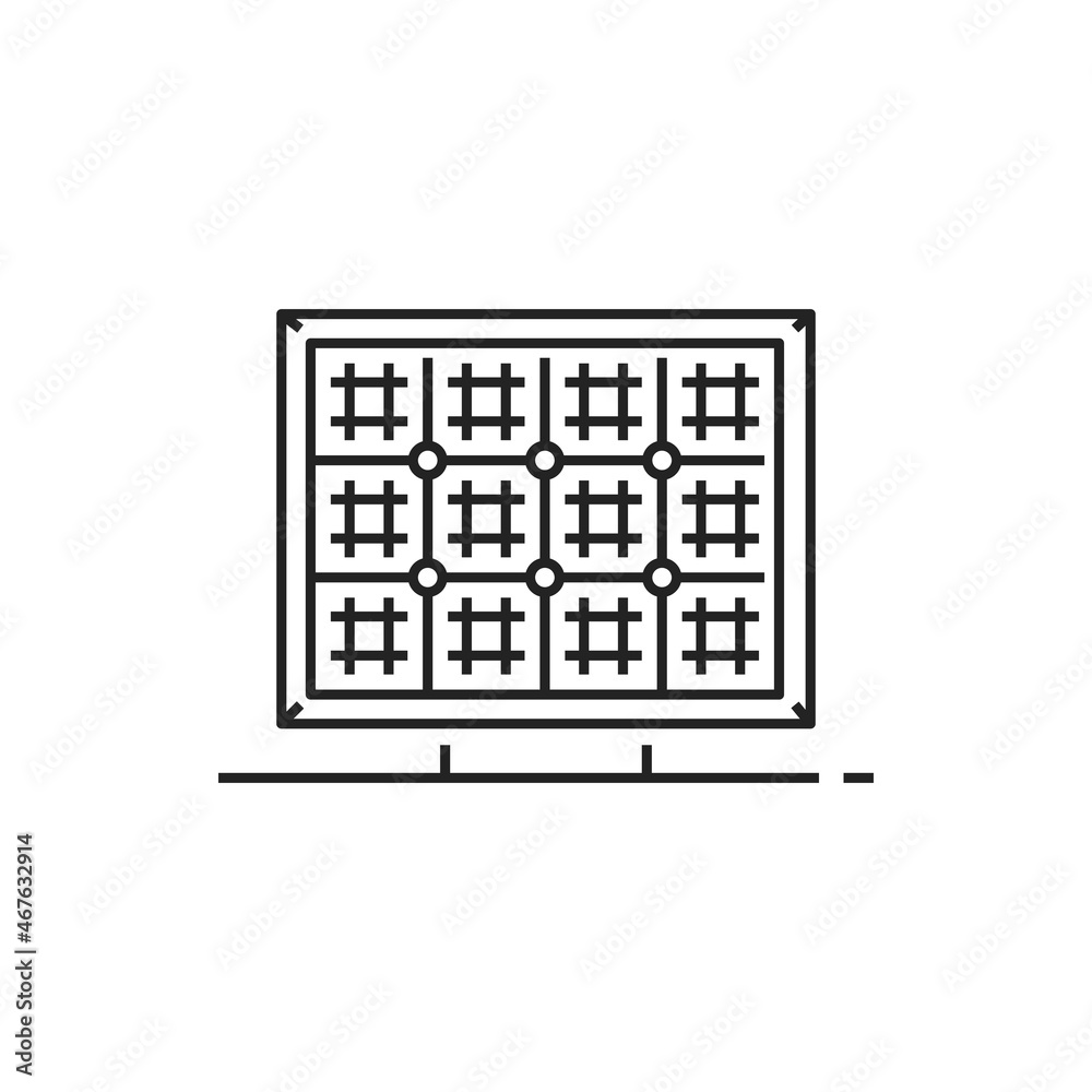 Solar panel generating pure electricity isolated thin line icon. Vector sun power generator, green energy battery. Photovoltaic cells PV module generating direct current electricity by sunlight Solar panel generating pure electricity isolated thin line icon. Vector sun power generator, green energy battery. Photovoltaic cells PV module generating direct current electricity by sunlight