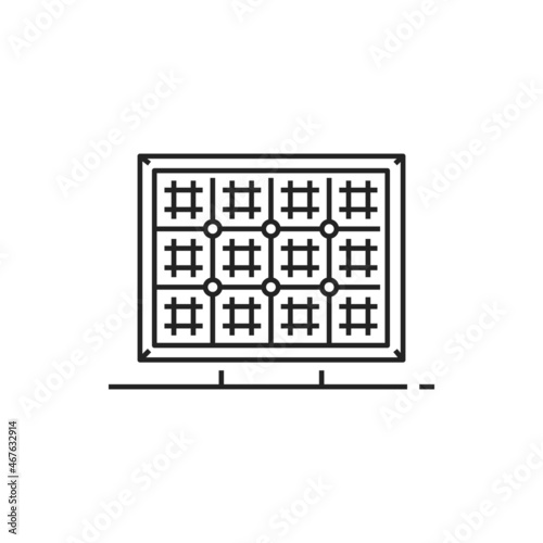 Solar panel generating pure electricity isolated thin line icon. Vector sun power generator, green energy battery. Photovoltaic cells PV module generating direct current electricity by sunlight