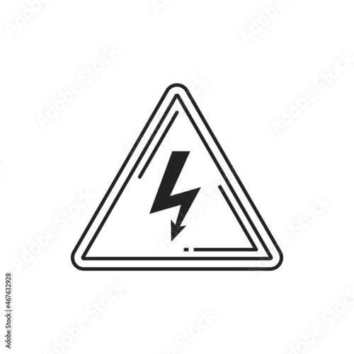 High voltage triangular sign isolated thin line icon. Vector caution triangle with power lighting voltage, danger and precaution. Danger symbol, black arrow in triangle with pointer down, warning