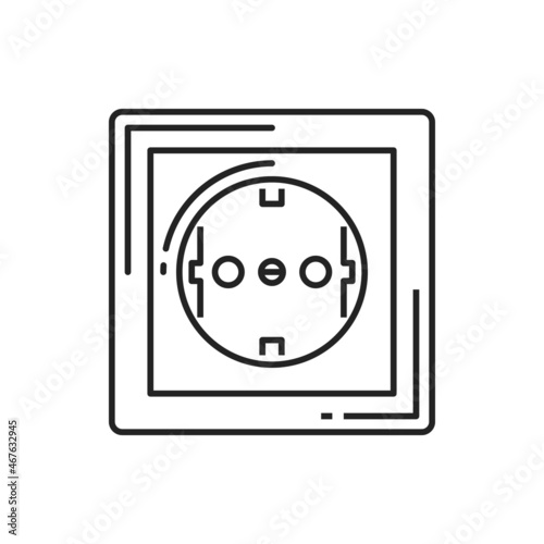 Rosette electric socket isolated power outlet thin line icon. Vector European wall socket-outlet, square rosette with round halls connecting electric equipment to current supply, electrical nest