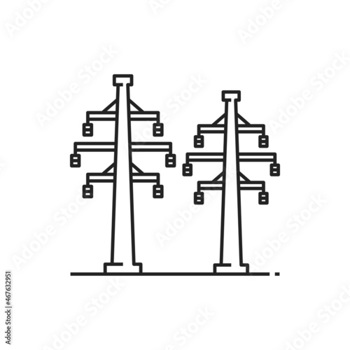 Structures, lattice tower and overhead power line isolated outline icon. Vector electricity pylon structure, steel lattice tower to support power line. Three-phase transmission towers powerlines