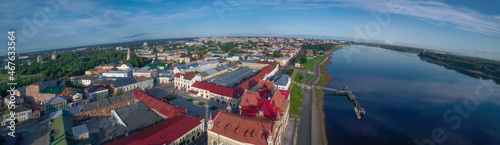 Panorama of Rybinsk city on a sunny July day (aerial photography). Yaroslavl region, Russia