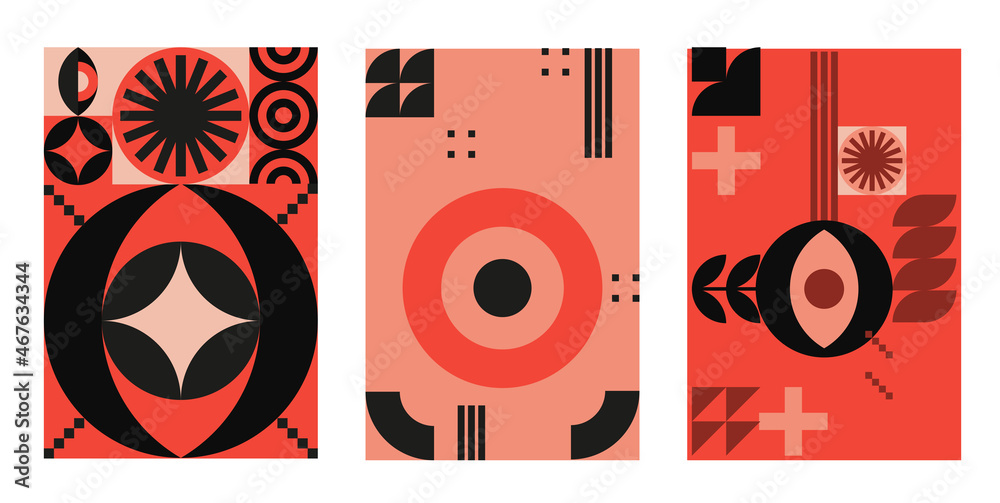 Bauhaus geometric design with eyes elements. Primitive modern shapes and forms. Vector interior posters, covers, banners.