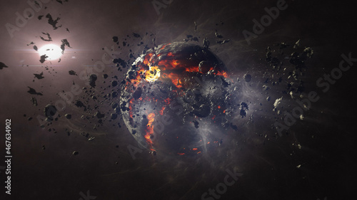 Dead planet with hot lava magma and asteroids
Cinematic view of destroyed death star after meteor asteroids impact
