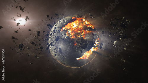 Dead planet with hot lava magma and asteroids
Cinematic view of destroyed death star after meteor asteroids impact

